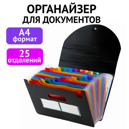 Папка-органайзер для бумаг и документов на резинке, 25 отделений, BRAUBERG DOCS, А4, черная, 271151