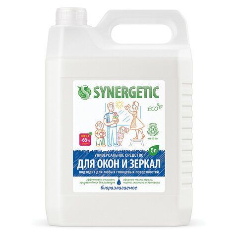 Средство для мытья стекол и зеркал с антибактериальным эффектом 5 л SYNERGETIC, биоразлагаемое, 96 