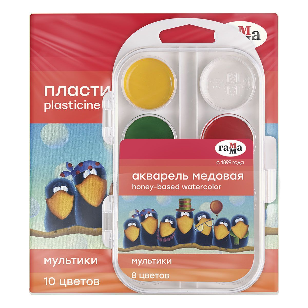 Пластилин "Мультики", 10 цветов, акварель медовая "Мультики", 08 цветов