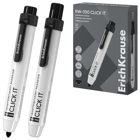 Маркер стираемый для белой доски автоматический ERICH KRAUSE RW-700 "Click it", ЧЕРНЫЙ, 2 мм, 60830