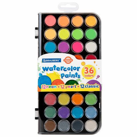 Краски акварельные BRAUBERG PREMIUM 36 цветов (12 базовых + 12 неоновых + 12 металлик) пенал, 191807