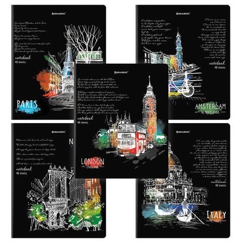 Тетрадь А5, 48 л., BRAUBERG, скоба, клетка, глянцевый лак, "Города", 404346