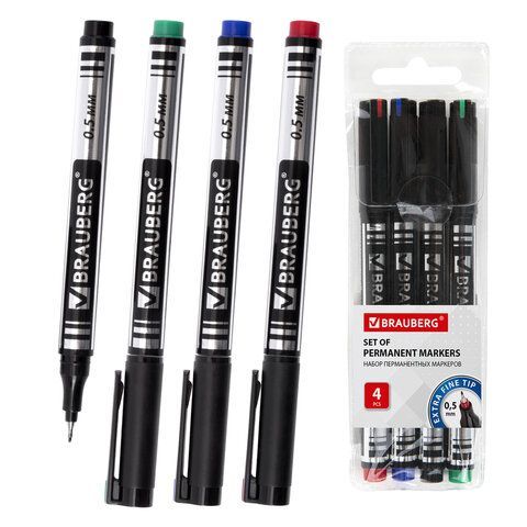 Маркеры перманентные BRAUBERG "Jet", НАБОР 4 ЦВЕТА, супертонкий металлический наконечник 0,5 мм, 150511