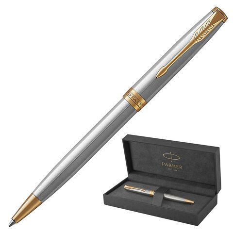 Ручка шариковая PARKER "Sonnet Core Stainless Steel GT", корпус серебро, позолота, черная, 1931507 Ручка шариковая PARKER "Sonnet Core Stainless Steel GT", корпус серебро, позолота, черная, 1931507