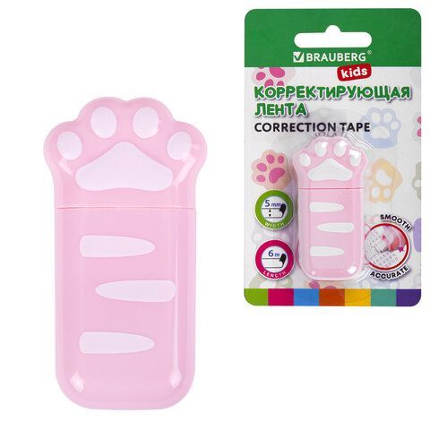 Корректирующая лента BRAUBERG KIDS "ЛАПКИ", 5 мм х 6 м, корпус розовый, блистер, 272497