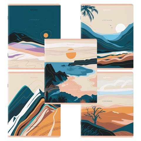 Тетради КОМПЛЕКТ 5 шт. А5, 48 л. BRAUBERG, скоба, клетка, SoftTouch, фольга, "Mountains", 404400