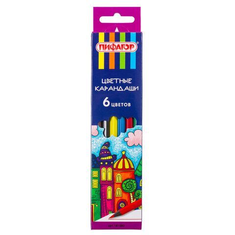 Карандаши цветные ПИФАГОР "СКАЗОЧНЫЙ ГОРОД", 6 цветов, черный пластик, заточенные, 181582