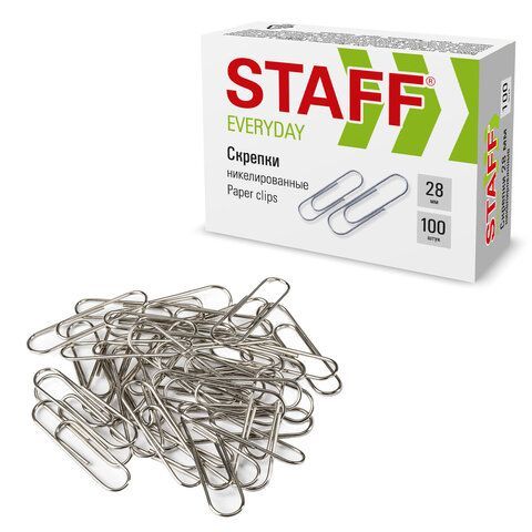 Скрепки STAFF "EVERYDAY", 28 мм, никелированные, 100 шт., в картонной коробке, 226758