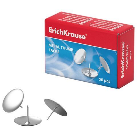 Кнопки канцелярские ERICH KRAUSE металлические, никелированные, 10мм, 50 штук в картонной коробке, 7851
