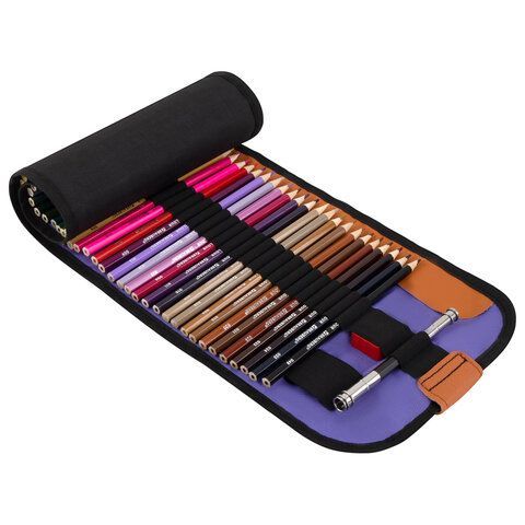 Карандаши цветные супермягкие яркие классические в пенале-скрутке BRAUBERG MAX 50 цветов + держатель и точилка, натуральное дерево, 182007