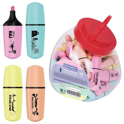 Текстовыделитель мини BRAUBERG "PASTEL Mini", АССОРТИ В ПЛАСТИКОВОЙ БАНКЕ, линия 1-5 мм, 152432