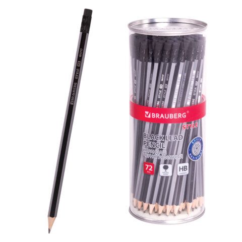 Карандаш чернографитный BRAUBERG "Style", 1 шт., HB, с ластиком, корпус черно-серый, 181717