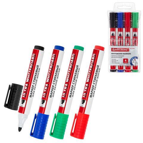 Маркеры стираемые для белой доски, НАБОР 4 ЦВЕТА, BRAUBERG "ULTRA WHITEBOARD MARKER", 3 мм, 152635
