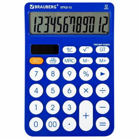 Калькулятор настольный BRAUBERG STYLE-12-BL (157х106мм), 12 разрядов, двойное питание, СИНИЙ, 272966