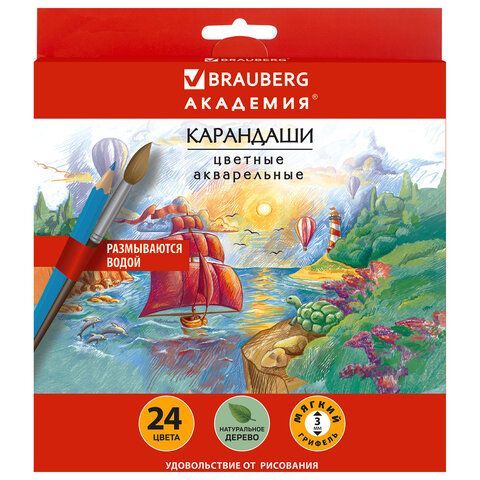 Карандаши цветные акварельные BRAUBERG "АКАДЕМИЯ", 24 цвета, шестигранные,высокое качество, 181400