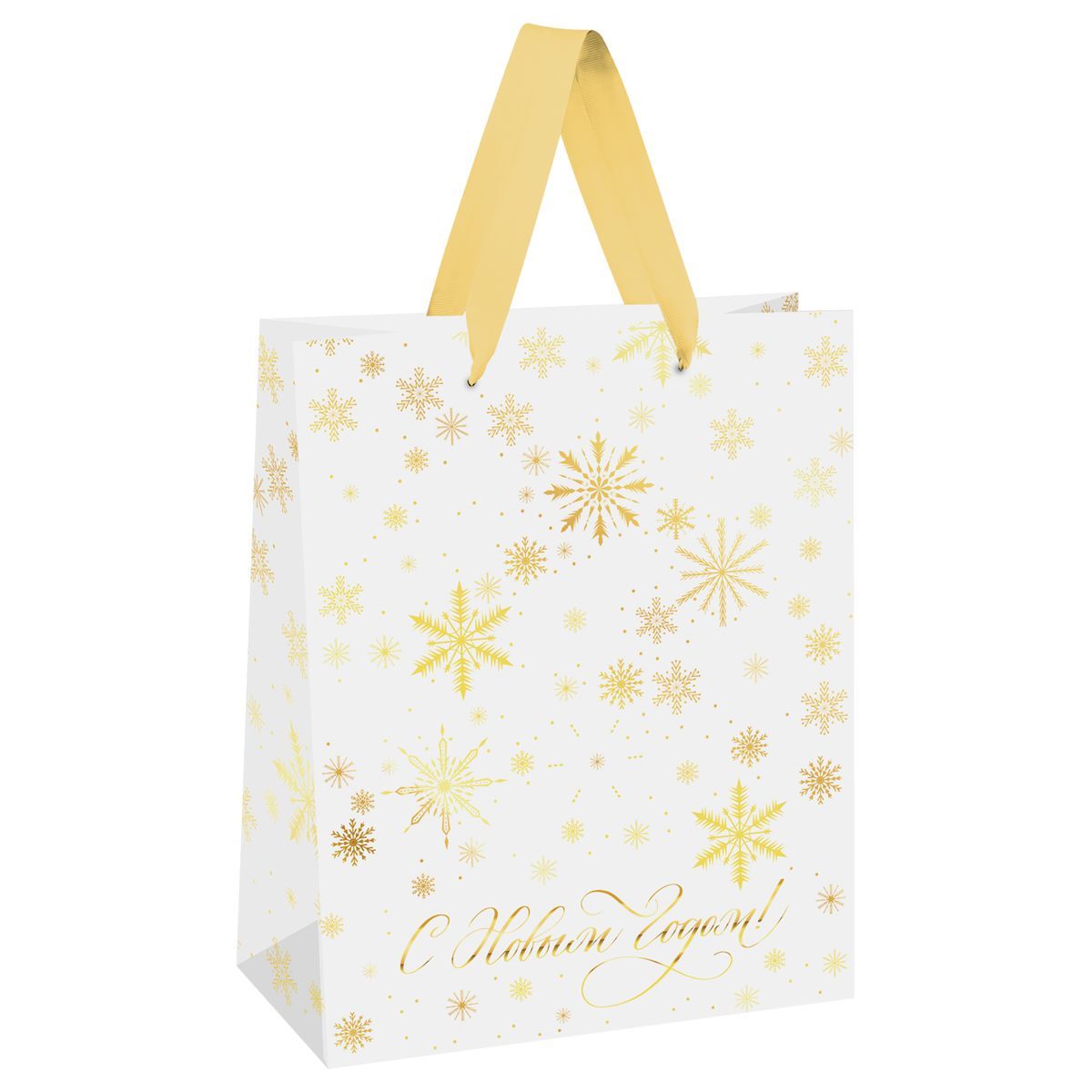 Пакет подарочный 18*23*10см MESHU "Gold snowflake", фольга, матовая ламинация