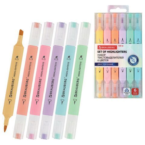 Набор текстовыделителей двусторонних (скошенный/кисть) 6 ПАСТЕЛЬНЫХ ЦВЕТОВ, АССОРТИ, BRAUBERG TIP-D, трехгранный корпус, 152533