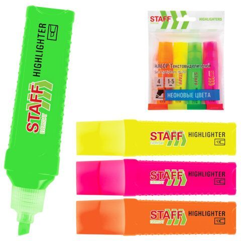 Набор текстовыделителей 4 НЕОНОВЫХ ЦВЕТА, STAFF "EVERYDAY HL-707", линия 1-5 мм, скошенный наконечник, 152548