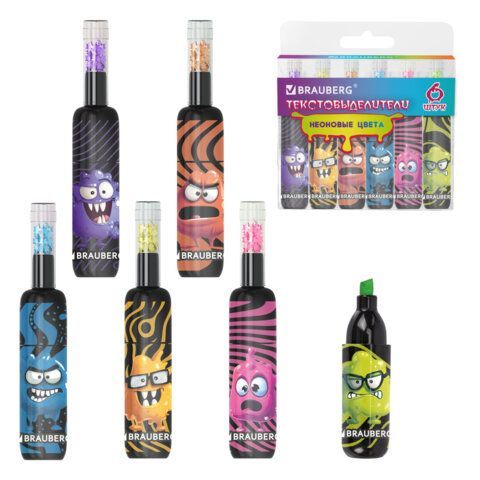 Набор текстовыделителей 6 НЕОНОВЫХ ЦВЕТОВ, кросс-серия МОНСТРИКИ, линия 1-5 мм, BRAUBERG, 152621