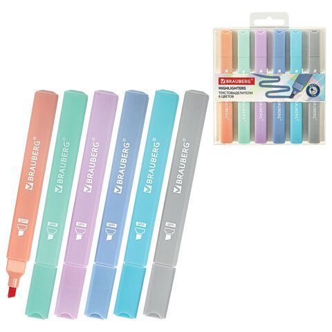 Набор текстовыделителей 6 ПАСТЕЛЬНЫХ ЦВЕТОВ, BRAUBERG "Macaroon", мягкий скошенный наконечник 1-5 мм, 152515