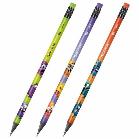Карандаш чернографитный с принтом кросс-серия МОНСТРИКИ, 1 шт., HB, ластик, ассорти, BRAUBERG, 182110