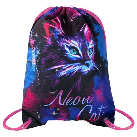 Мешок для обуви BRAUBERG PREMIUM, карман, подкладка, светоотражайка, 43х33 см, "Neon cat", 271621