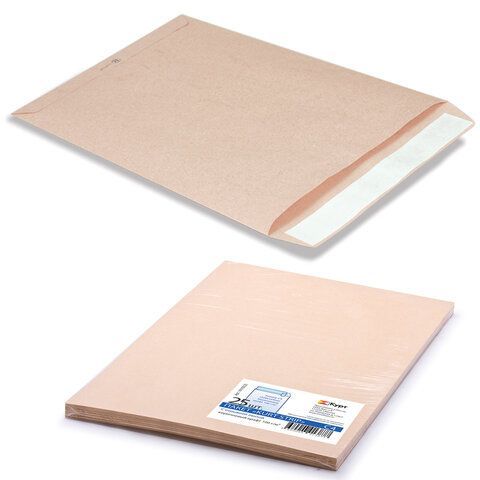 Конверт-пакеты С4 плоские (229х324 мм), до 90 листов, крафт-бумага, отрывная полоса, КОМПЛЕКТ 25 шт., 161150.25