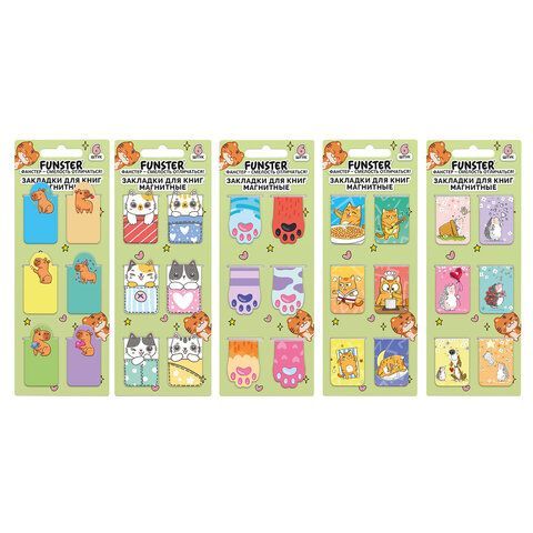 Закладки для книг МАГНИТНЫЕ, "АССОРТИ 5 ДИЗАЙНОВ", набор 6 штук, 35x25 мм, FUNSTER, 116651
