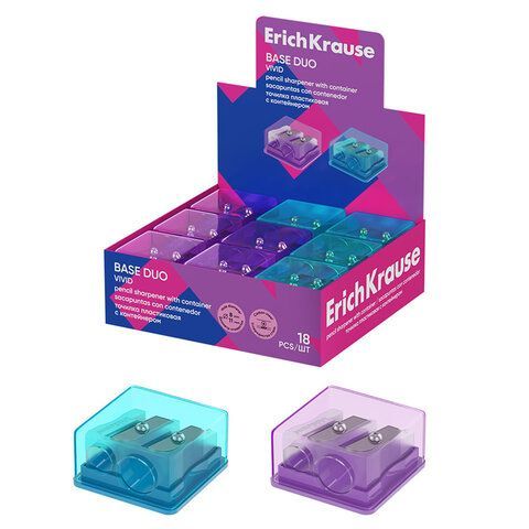 Точилка ERICH KRAUSE Base Duo Vivid, с контейнером, пластиковая, корпус ассорти, 6008, 60081