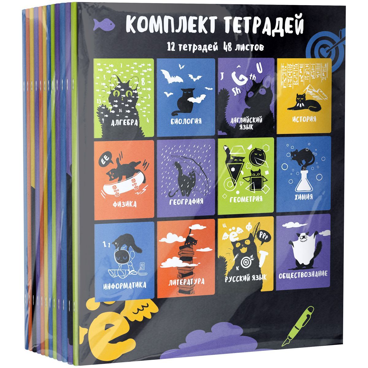 Комплект (12 шт.) предметных тетрадей 48л. BG "Черный Кот",  выборочный лак