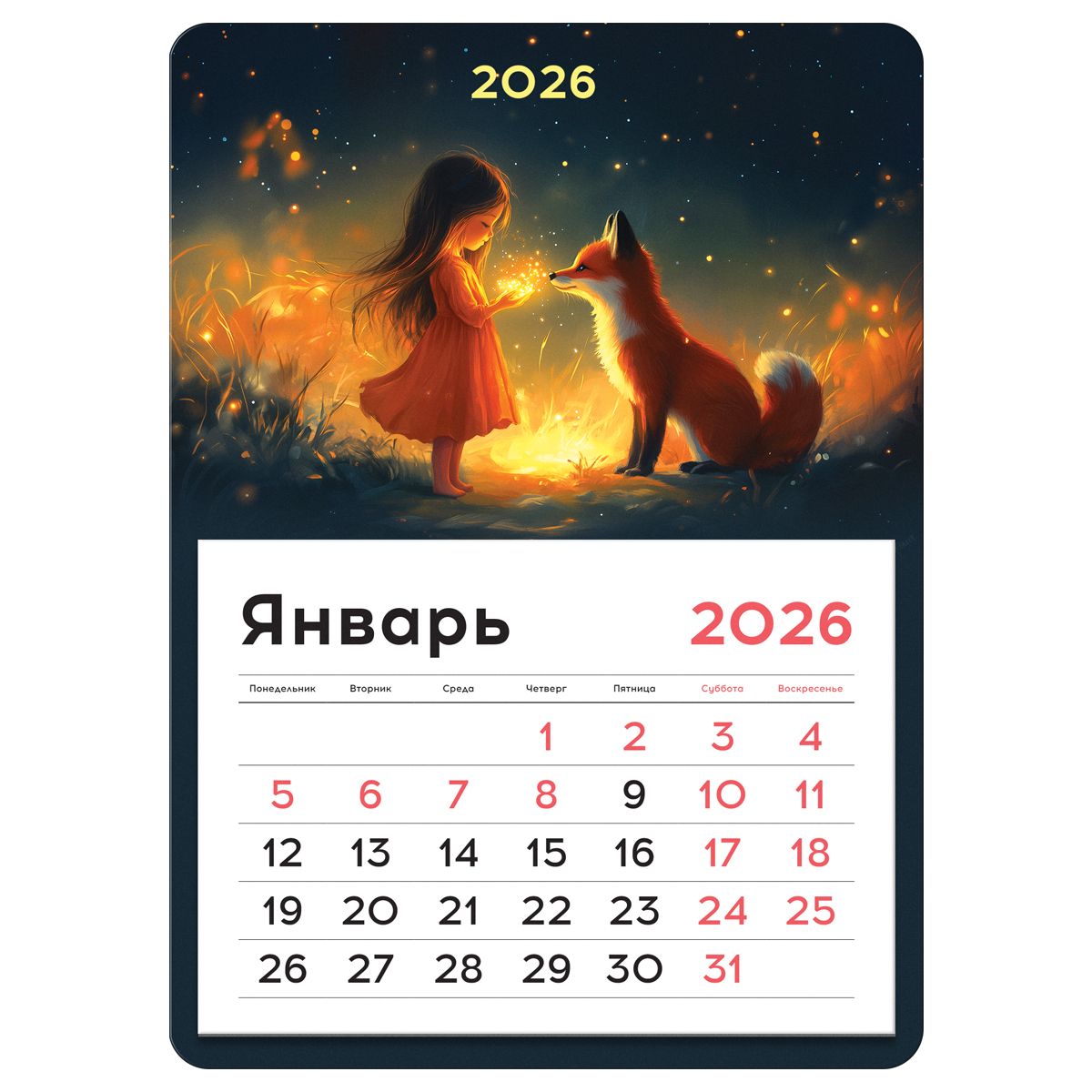 Календарь отрывной на магните, 130*180 мм склейка BG "Девочка и лис", 2026г.