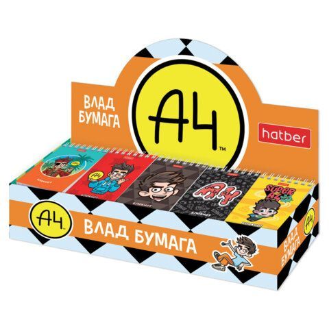 Блокнот МАЛЫЙ ФОРМАТ А7, 40 л., гребень, картон, клетка, дисплей, HATBER, Ассорти "Влад А4", 087487, 40Б7В1гр