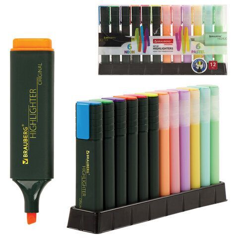 Набор текстовыделителей 12 ЦВЕТОВ на подставке, BRAUBERG "ORIGINAL", линия письма 1-5 мм, 151699
