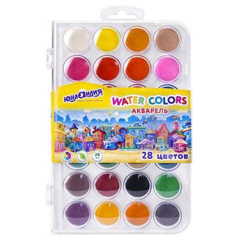 Краски акварельные ЮНЛАНДИЯ "ДОМИКИ" 28 цветов, круглые кюветы 28 мм, пенал, 192632