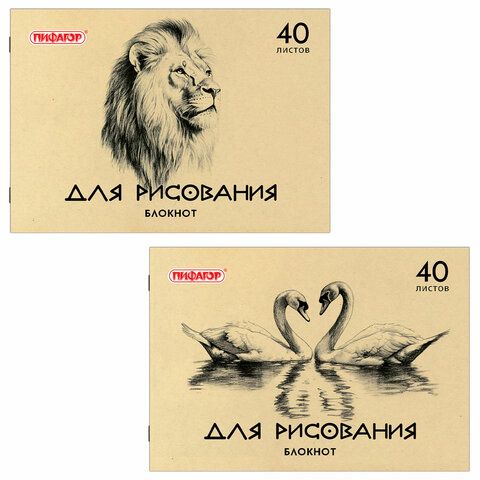 Блокнот для рисования, А4, 40 л., обложка офсет, горизонтальный, ПИФАГОР, 200х285 мм, "Лебеди/Лев", 126962
