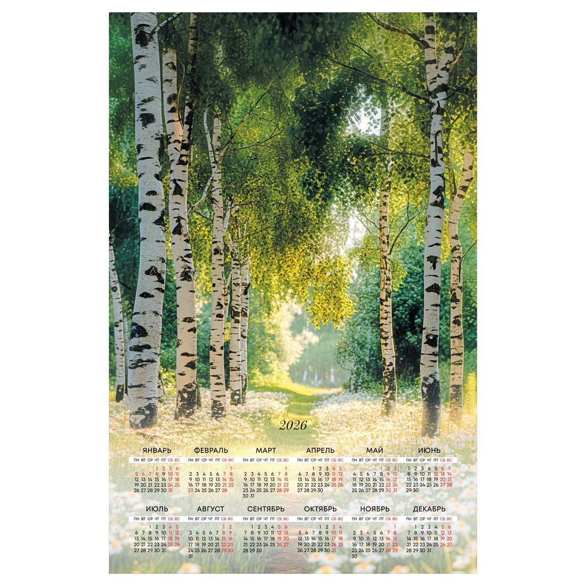 Календарь настенный листовой А1, 590*900 мм BG "Берёзы", 2026г
