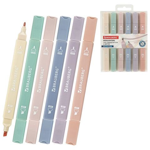 Набор текстовыделителей двусторонних 6 ЦВЕТОВ МОРАНДИ, BRAUBERG "Morandi", мягкий наконечник, скошенный 1-5 мм/пулевидный 1 мм, 152514