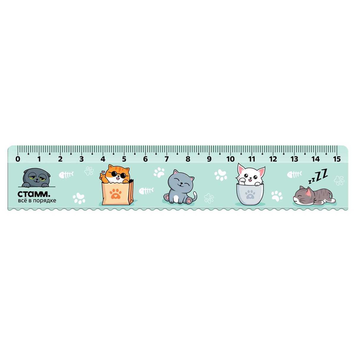 Линейка 15см СТАММ "Коты", пластиковая, с волнистым краем, европодвес