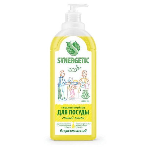 Гель для мытья посуды антибактериальный 1 л, SYNERGETIC "Лимон", дозатор, 103101 