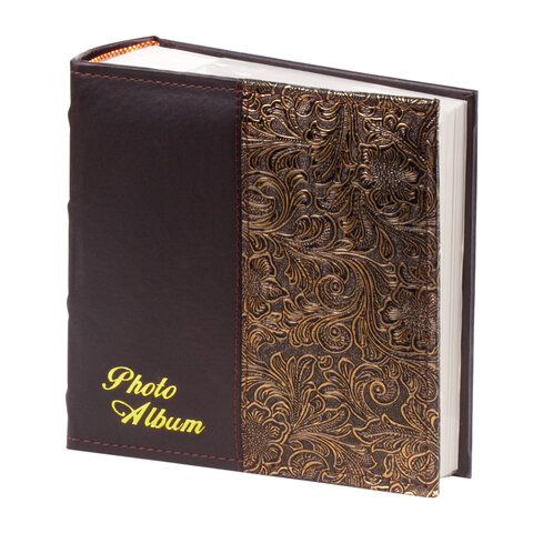 Фотоальбом BRAUBERG на 300 фото 10х15 см, под кожу, бумажные страницы, бокс, коричневый + золото, 391118