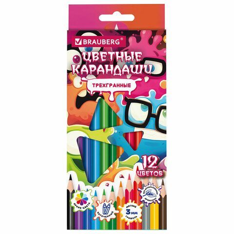 Карандаши цветные кросс-серия МОНСТРИКИ, 12 цветов, трехгранные, BRAUBERG, 182112