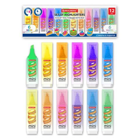 Набор текстовыделителей мини с принтами, 12 ЦВЕТОВ, BRAUBERG, 6 неоновых цветов + 6 пастельных цветов, линия 1-5 мм, 152537