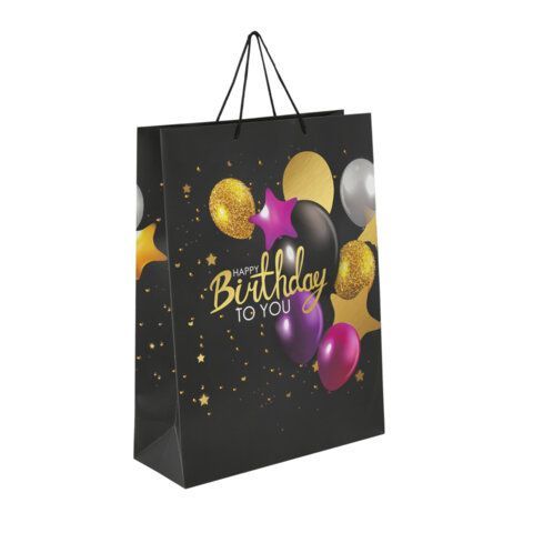 Пакет подарочный (1 штука) 33x13x45 см (XL), "Happy Birthday", черный, фольга, ЗОЛОТАЯ СКАЗКА, 700857