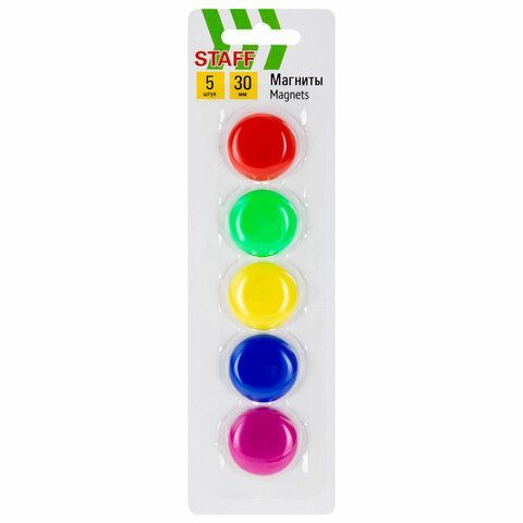 Магниты СРЕДНЕГО ДИАМЕТРА, 30 мм, НАБОР 5 штук, цвет АССОРТИ, в блистере, STAFF "Basic", 237482