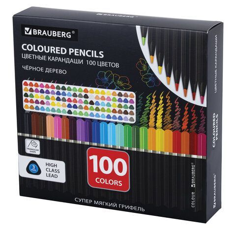 Карандаши цветные чёрное дерево BRAUBERG BLACK WOOD, 100 цветов, мягкий грифель 3 мм, 182045