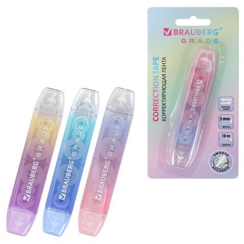 Корректирующая лента двусторонняя BRAUBERG "GRADE PASTEL", 5 мм x 10 м, корпус ассорти, блистер, 273025