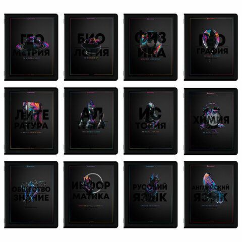 Тетради предметные, КОМПЛЕКТ 12 ПРЕДМЕТОВ, 48 л., матовая ламинация, лак, BRAUBERG "MAJESTIC BLACK", 405177