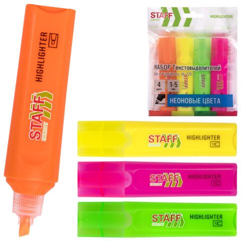Набор текстовыделителей 4 НЕОНОВЫХ ЦВЕТА, STAFF "EVERYDAY HL-720", линия 1-5 мм, скошенный наконечник, 152555