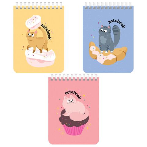 Блокнот МАЛЫЙ ФОРМАТ (108х145 мм) А6, 40 л., гребень, картон, клетка, BRAUBERG KIDS, "Котики", 114396