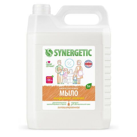 Мыло жидкое 5 л SYNERGETIC "Миндальное молочко", гипоаллергенное, биоразлагаемое, 105506 
